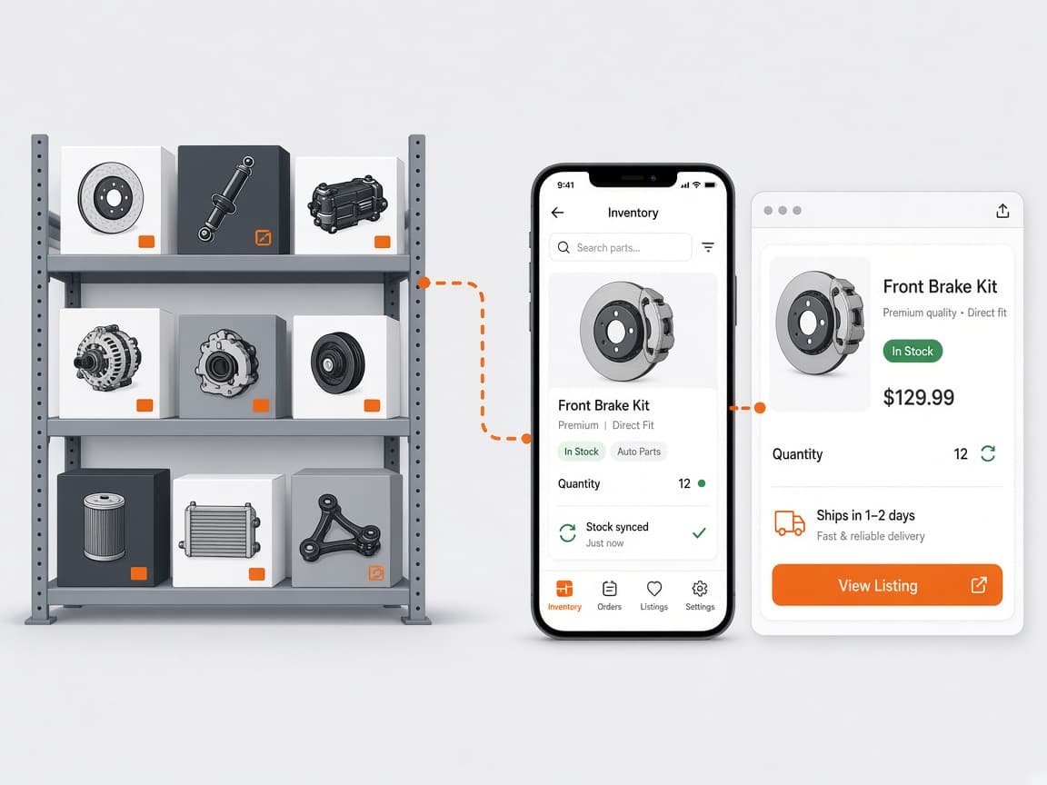 Warehouse stock connected to a live marketplace listing with quantity in sync